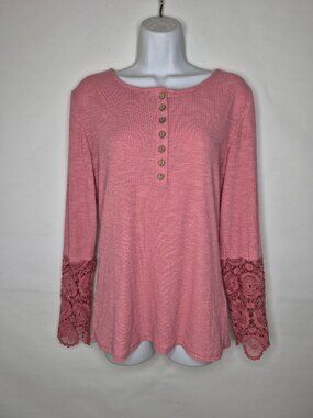 Kancystore Womens M Long Sleeve Lightweight Lace Ribbed Pink Rose Pullover Shirt